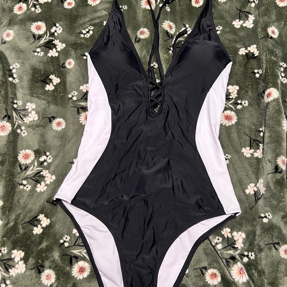 Elegant Black and White One-Piece Swimsuit